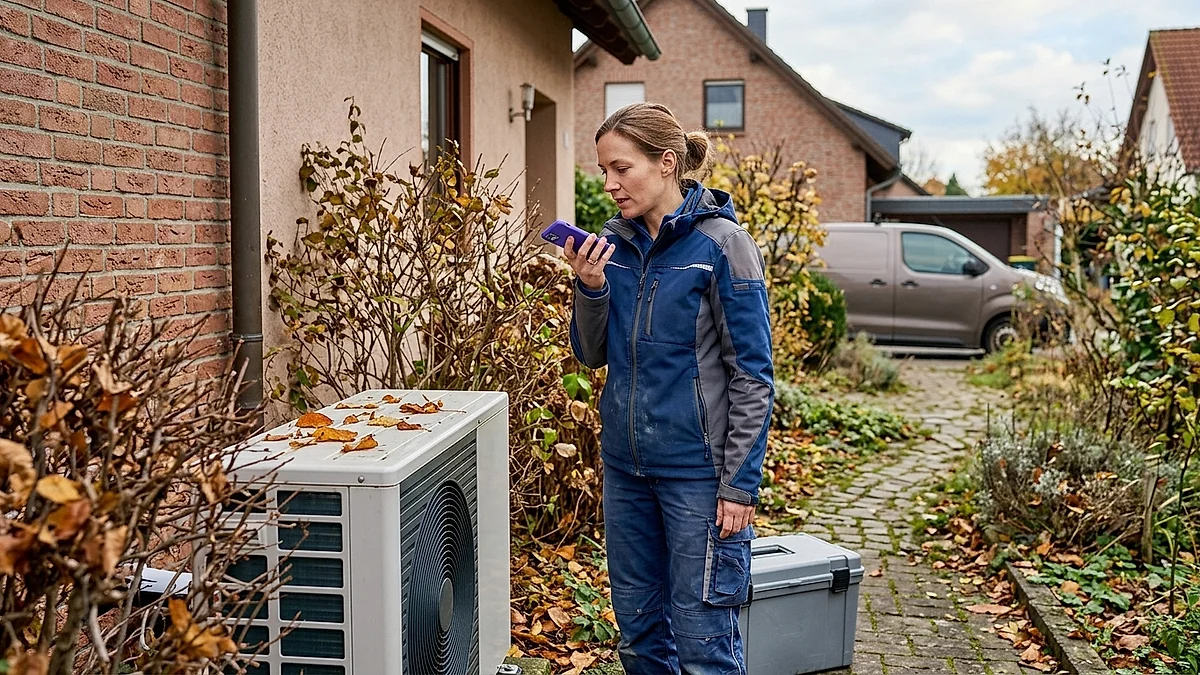 Servicetechnikerin spricht vor einem Einfamilienhaus eine Sprachnotiz ins Smartphone