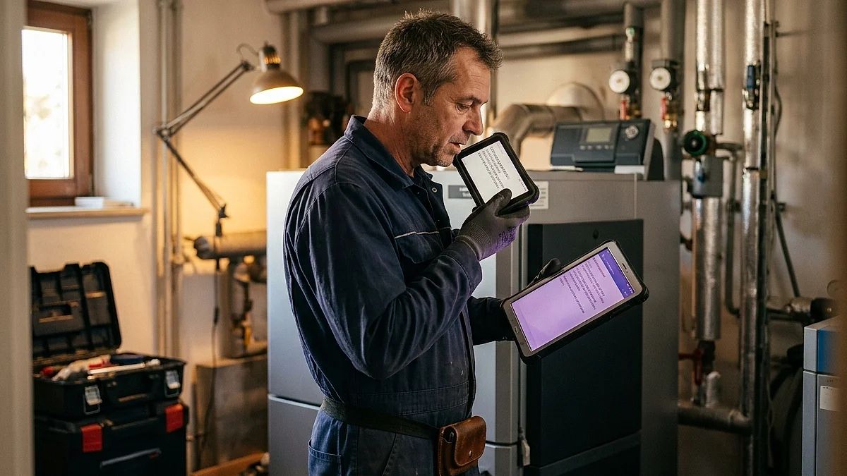 Servicetechniker dokumentiert per Sprache am Tablet, im Hintergrund eine Heizungsanlage, warmes Werkstatt-Licht