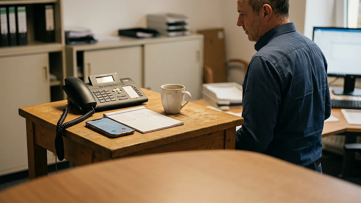 KI-Telefonassistent nimmt Anruf in einem modernen Büro entgegen
