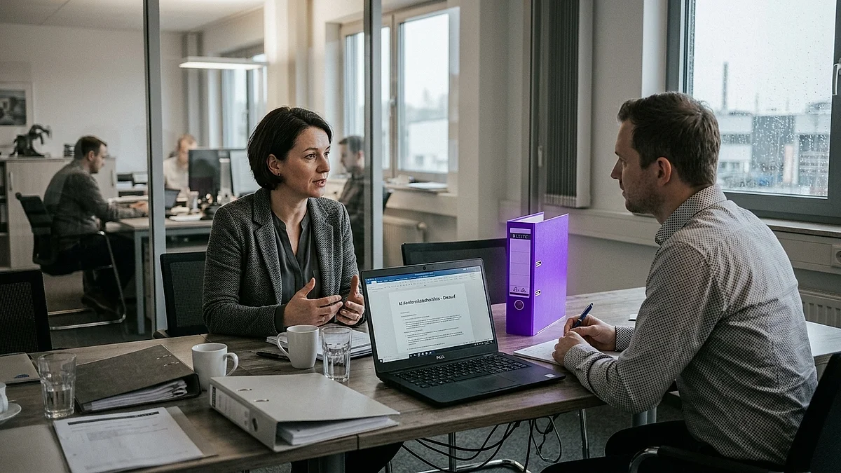 Geschäftsführerin und Mitarbeiter besprechen die Pflichten der KI-Verordnung im Büro, KI-Verordnung für den Mittelstand