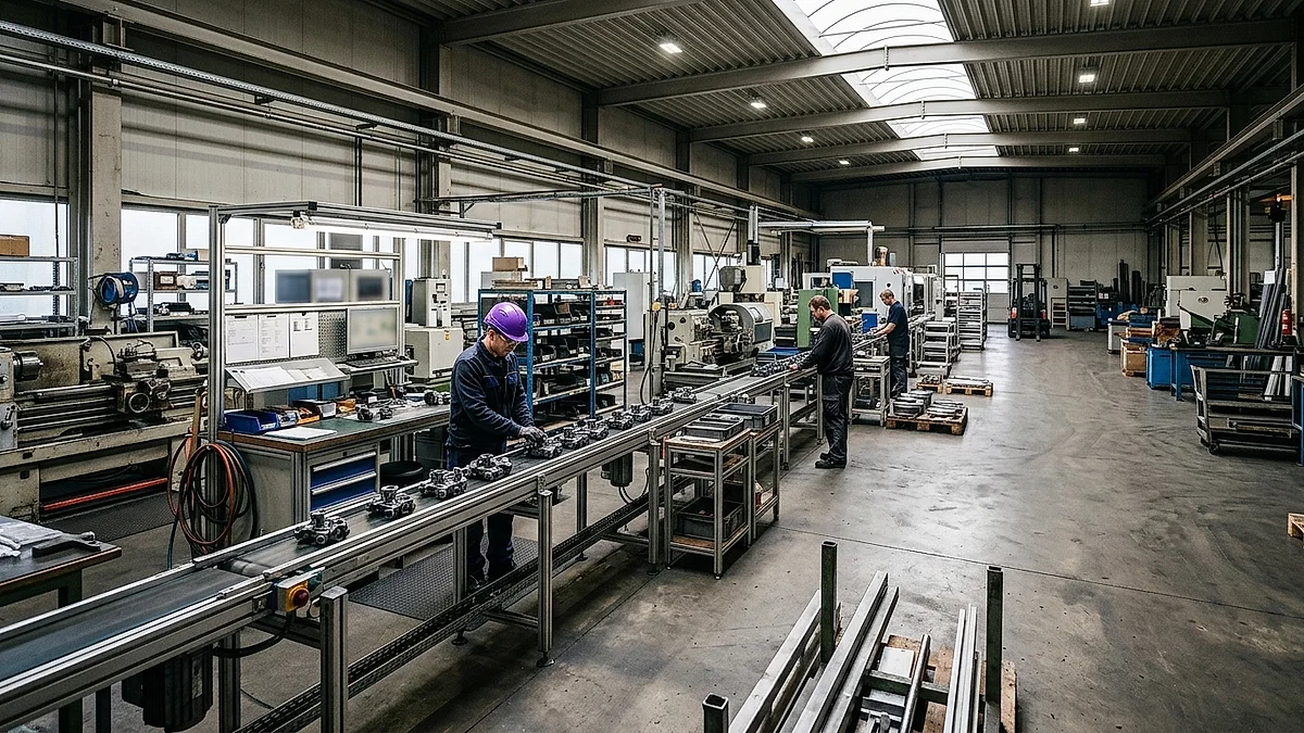 Produktionshalle eines Mittelständlers mit Förderband und Prüfstation