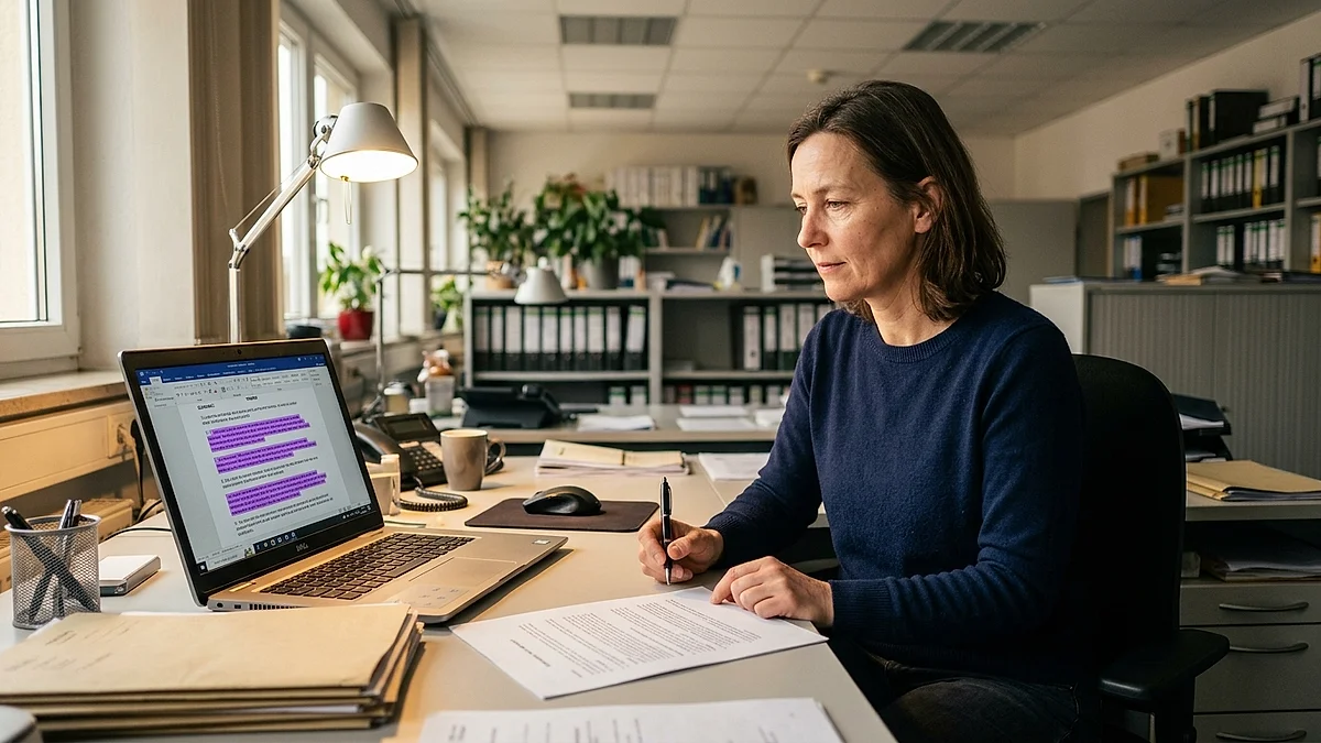 Einkaufsleiterin prüft mit KI-Unterstützung einen Liefervertrag am Bildschirm, Risiko-Klauseln violett markiert