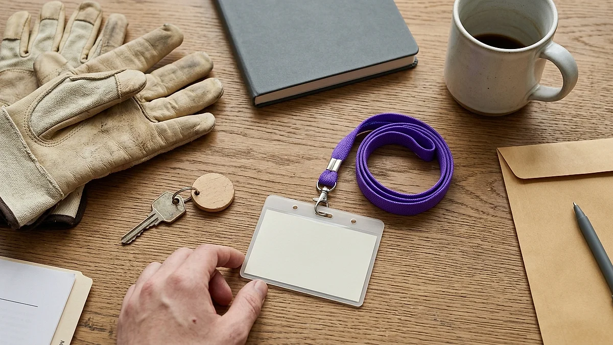 Willkommenspaket für neue Mitarbeitende mit Handschuhen, Schlüssel und Tasse von oben