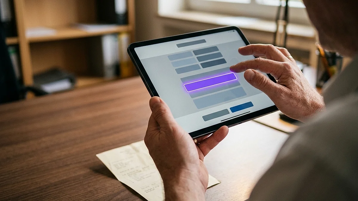 Nahaufnahme: eine Krankmeldung wird auf einem Tablet gescannt, die KI markiert automatisch Name, Zeitraum und zugehörige Lohnart