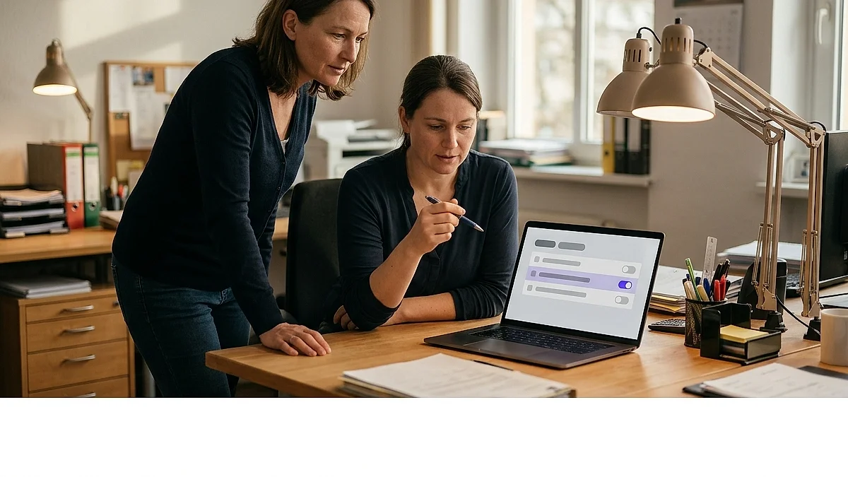 Personalleiterin bespricht mit einem Mitarbeiter am Laptop den Freigabe-Workflow vor dem monatlichen Abrechnungslauf