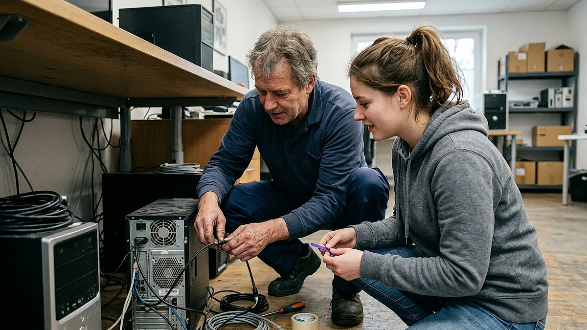 IT-Techniker und Auszubildende schließen einen Rechner unter dem Schreibtisch an