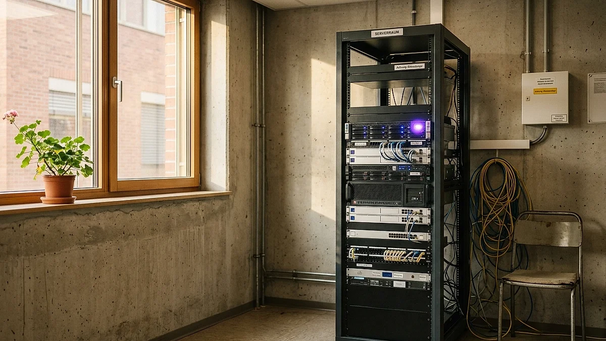 Server-Rack mit einzelnem GPU-Server in einem deutschen Mittelstands-Büro, ruhig und pragmatisch