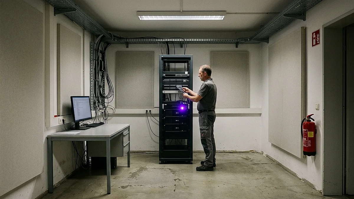 IT-Techniker wartet einen einzelnen Server-Rack in einem kleinen Serverraum eines deutschen Mittelstandsbetriebs