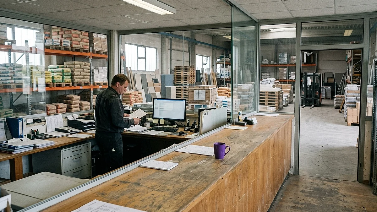 Verkaufstresen und Büro eines Baustoffhändlers mit Blick ins Lager