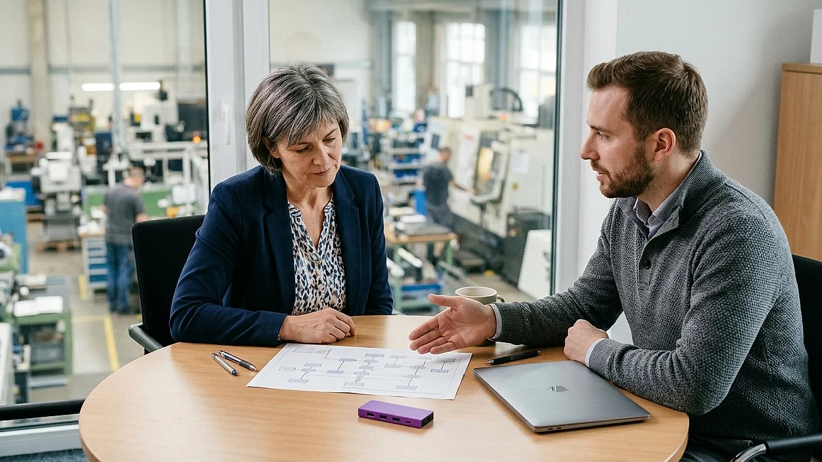 Betriebsleiterin und externer IT-Berater besprechen eine MCP-Integration anhand eines gedruckten Netzwerkdiagramms
