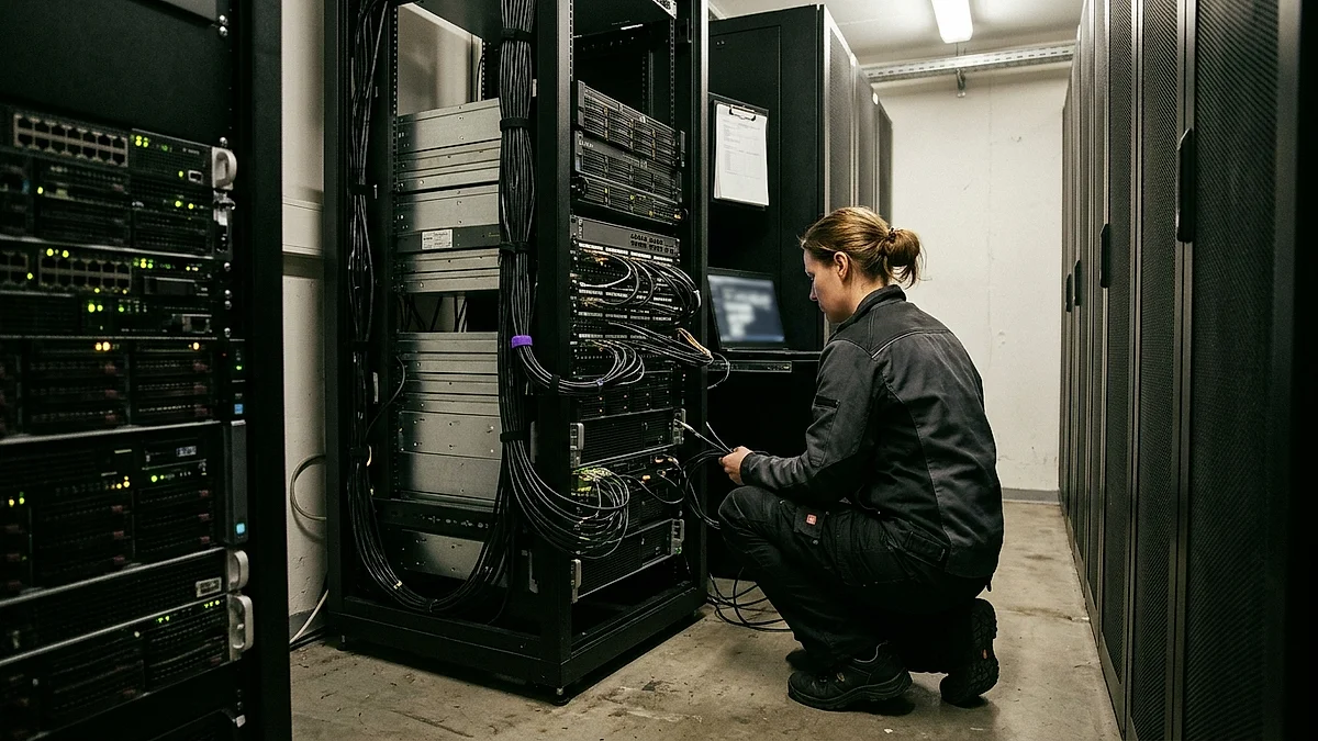 Technikerin prüft die Absicherung eines Servers für eine MCP-Integration im eigenen Serverraum