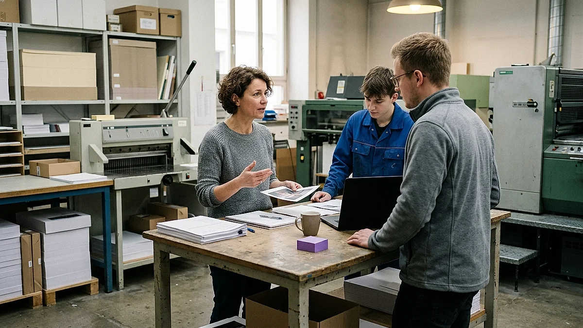 Geschäftsführerin und Automatisierungs-Berater im Gespräch in einer Druckerei