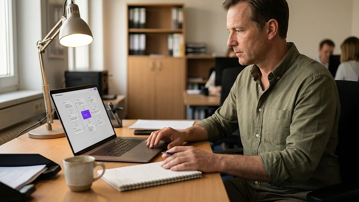 Geschäftsführer im Mittelstand vergleicht Automatisierungs-Workflows von n8n, Make und Zapier am Laptop