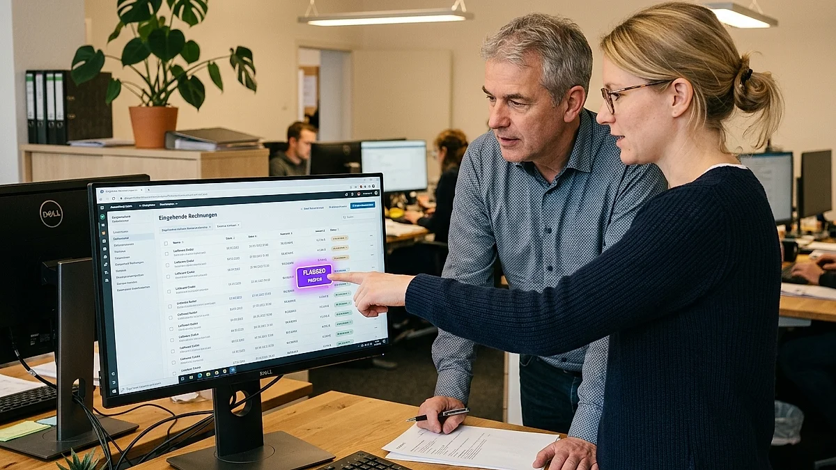 Zwei Mitarbeiter in der Buchhaltung besprechen ein Dashboard mit automatisch zugeordneten Eingangsrechnungen