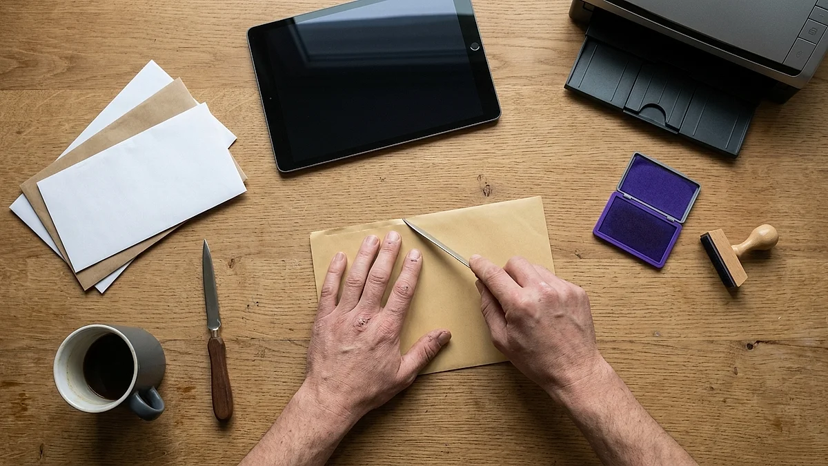Eingegangene Briefe, Brieföffner und Tablet auf einem Holztisch von oben