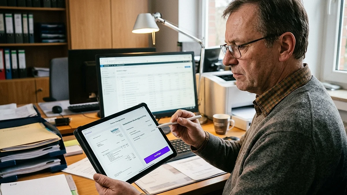 Mitarbeiter in der Buchhaltung vergleicht eine Eingangsrechnung mit dem automatischen Kontierungsvorschlag auf einem Tablet