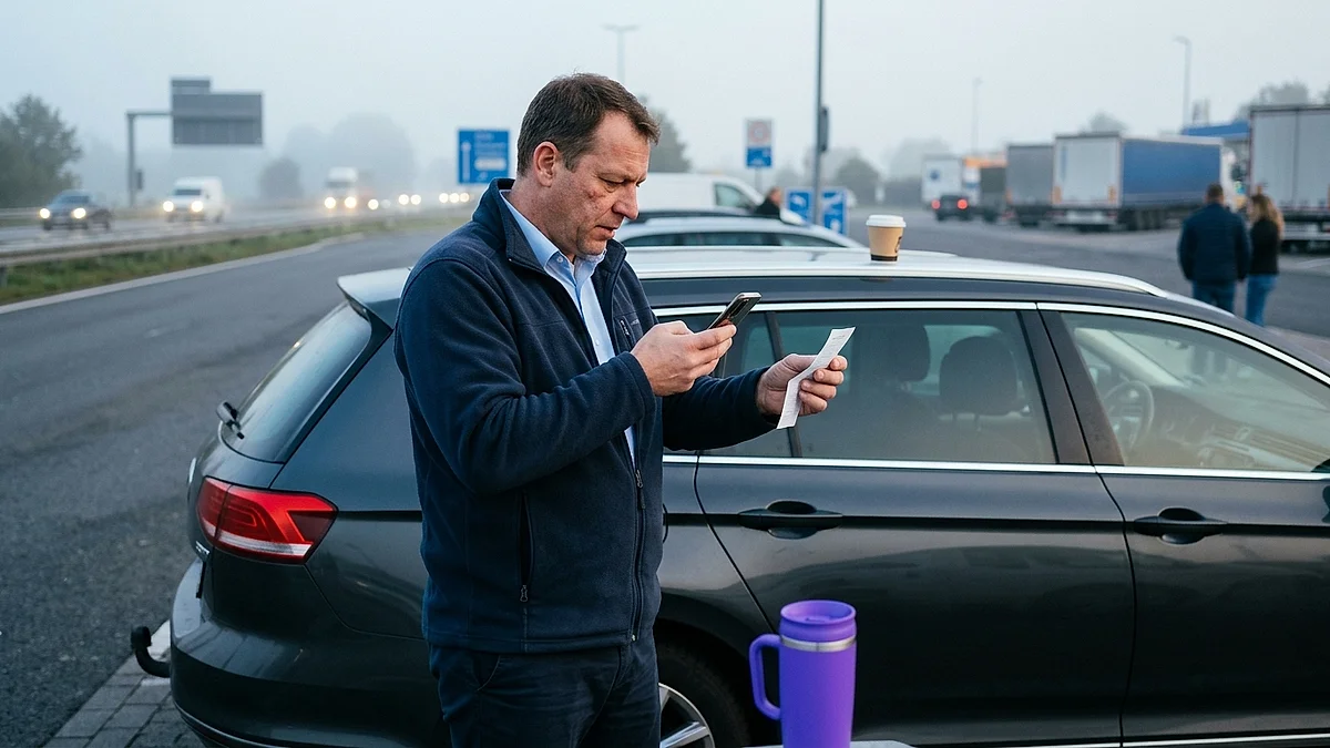 Außendienstler fotografiert an einer Raststätte einen Beleg mit dem Smartphone