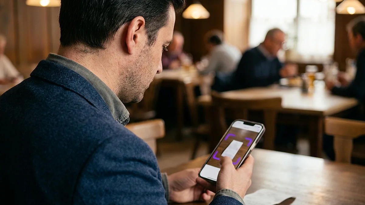 Mitarbeiter fotografiert einen Bewirtungsbeleg mit dem Smartphone, die App erkennt automatisch die fehlenden Pflichtangaben