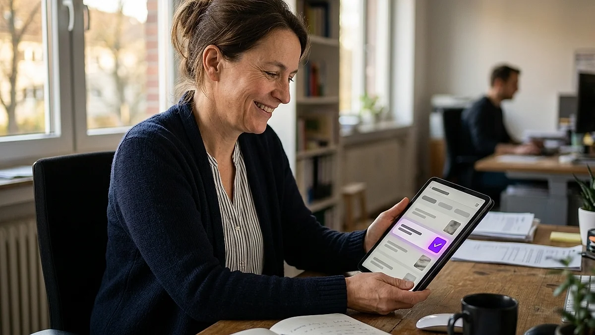 Geschäftsführerin prüft am Tablet eine automatisiert ausgelesene Reisekostenabrechnung mit erkannten Belegen