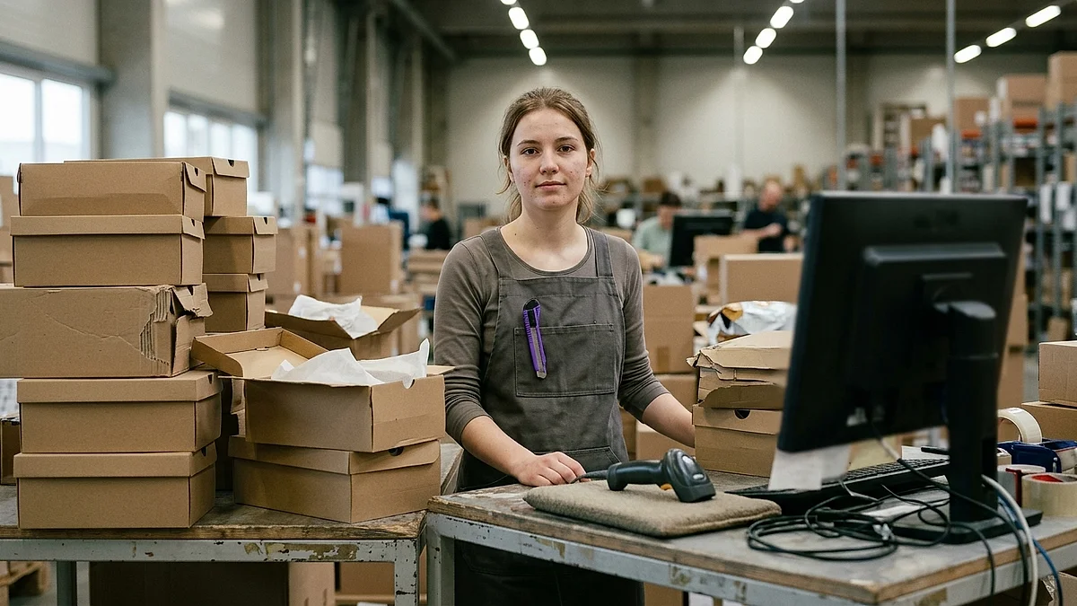 Mitarbeiterin an einem Retouren-Arbeitsplatz in einem Versandlager