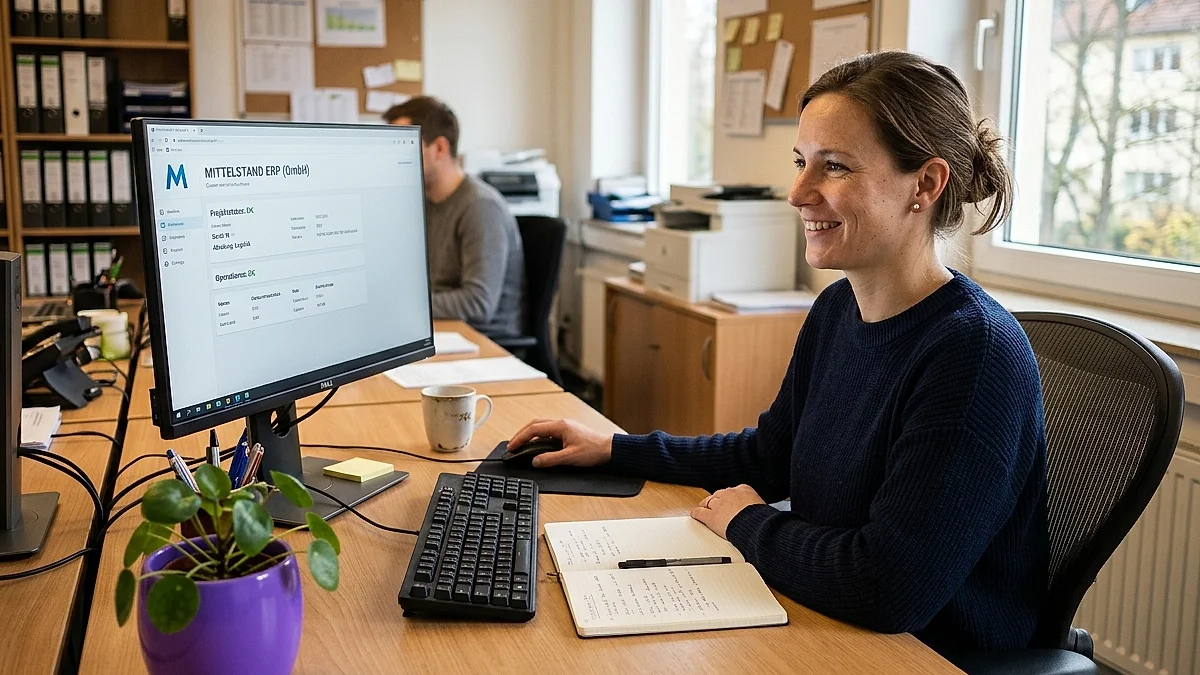 Mitarbeiter nutzt zufrieden eine freigegebene Unternehmens-KI am Desktop-Monitor im Büro, das Interface zeigt ein internes Firmenlogo