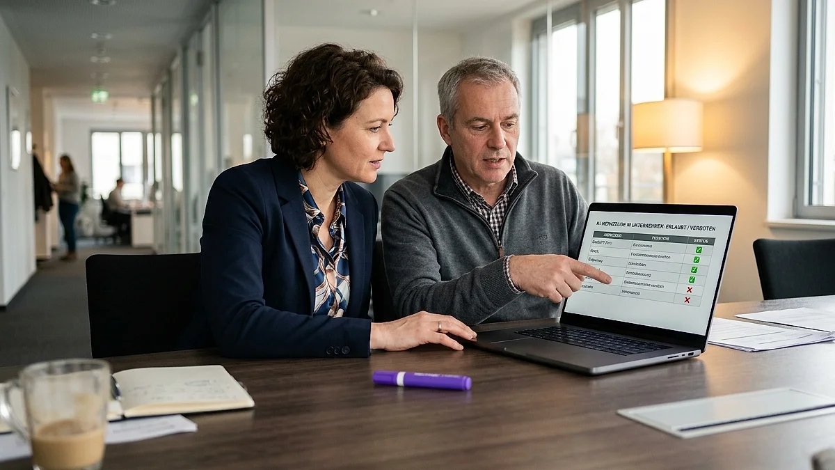Geschäftsführerin und IT-Verantwortlicher erarbeiten gemeinsam eine KI-Nutzungsrichtlinie am Konferenztisch, im Hintergrund ein Bildschirm mit einer Tabelle erlaubter KI-Tools
