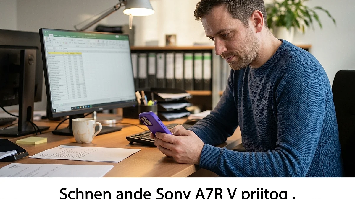 Mitarbeiter tippt eine Frage in eine private KI-App auf dem Smartphone unter dem Schreibtisch im Büro, während auf dem Firmenmonitor eine Tabelle offen bleibt