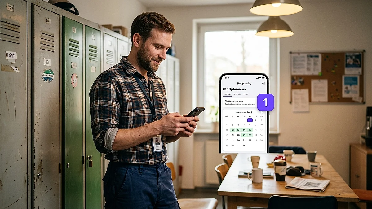 Mitarbeiter prüft im Pausenraum auf dem Smartphone seinen aktuellen Schichtplan mit farbig markierten Terminen