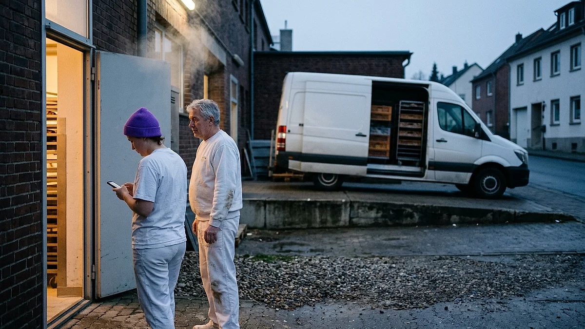 Bäcker kommen im Morgengrauen zur Schicht an einer Großbäckerei