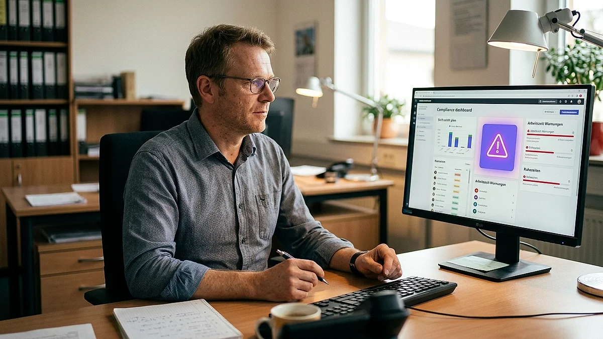 HR-Verantwortlicher prüft am Bildschirm ein Compliance-Dashboard mit Warnungen zu Arbeitszeiten und Ruhezeiten