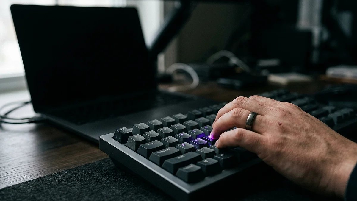 Nahaufnahme einer Hand auf einer Tastatur, eine Taste leuchtet violett, der Bildschirm im Hintergrund unscharf