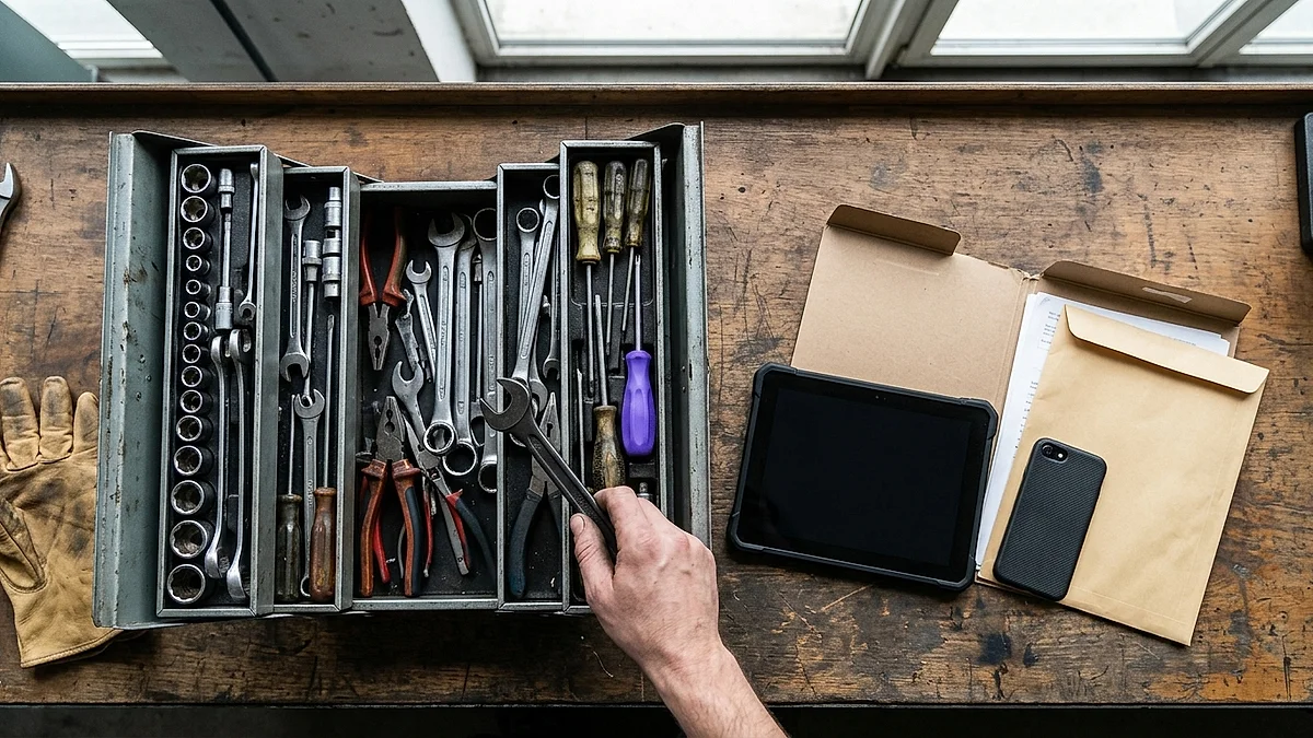 Ordentlich sortierter Werkzeugkasten neben Tablet und Smartphone von oben