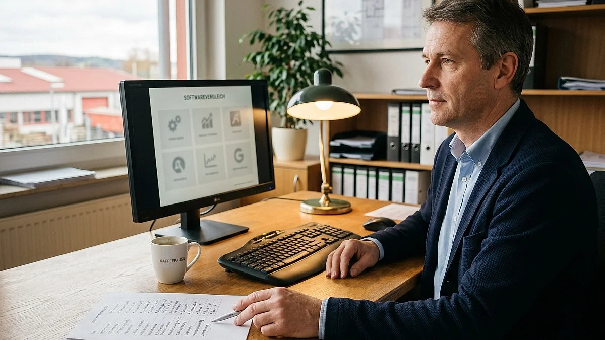 KI-Tools 2026 für den Mittelstand: Futuristischer Arbeitsplatz mit mehreren holografischen Tool-Interfaces in violettem Licht