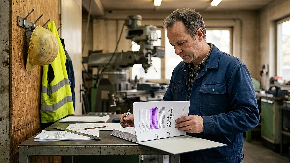 Handwerksmeister prüft die EU-KI-Verordnung mit Textmarker am Stehtisch in der Werkhalle