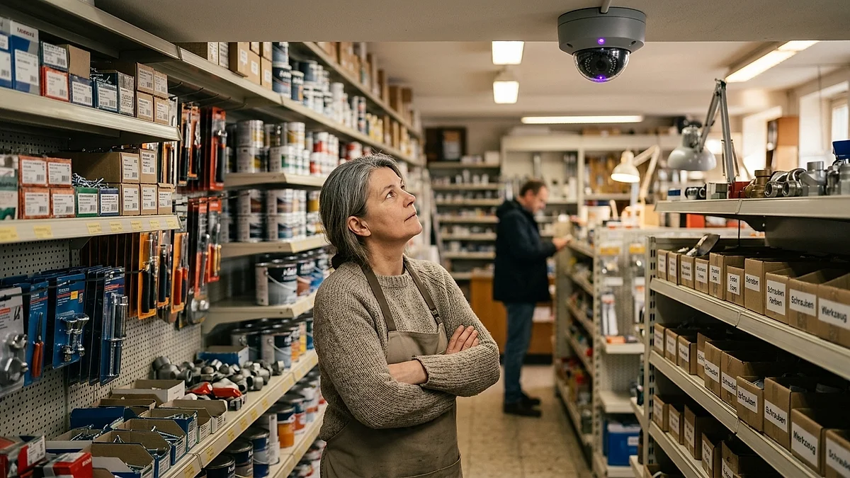 Ladeninhaberin blickt auf die Überwachungskamera an der Decke ihres Geschäfts