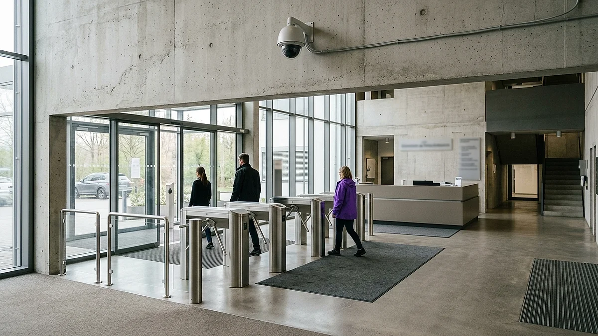 Eingangsbereich eines Unternehmens mit Drehkreuz und Überwachungskamera