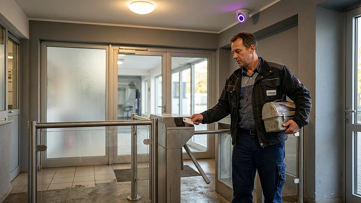 Mitarbeiter am Werkseingang mit Zutrittskontrolle und Überwachungskamera, verbotene KI-Praktiken nach Art. 5 KI-VO