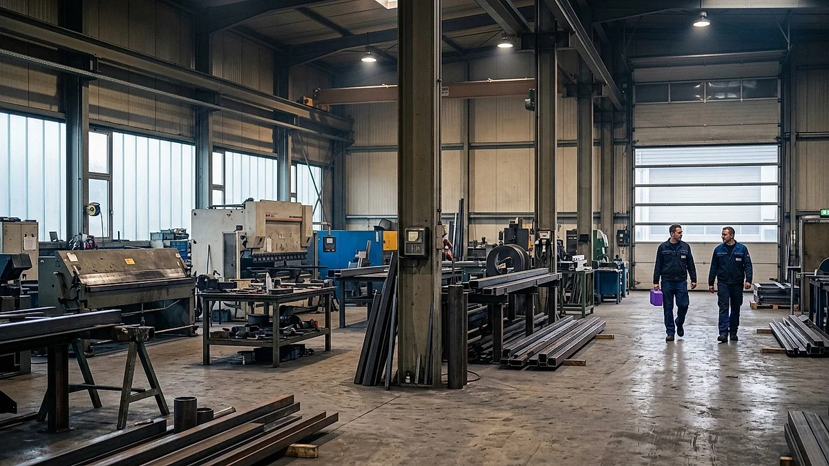 Metallbaubetrieb zu Schichtbeginn, Mitarbeiter kommen in die Werkhalle