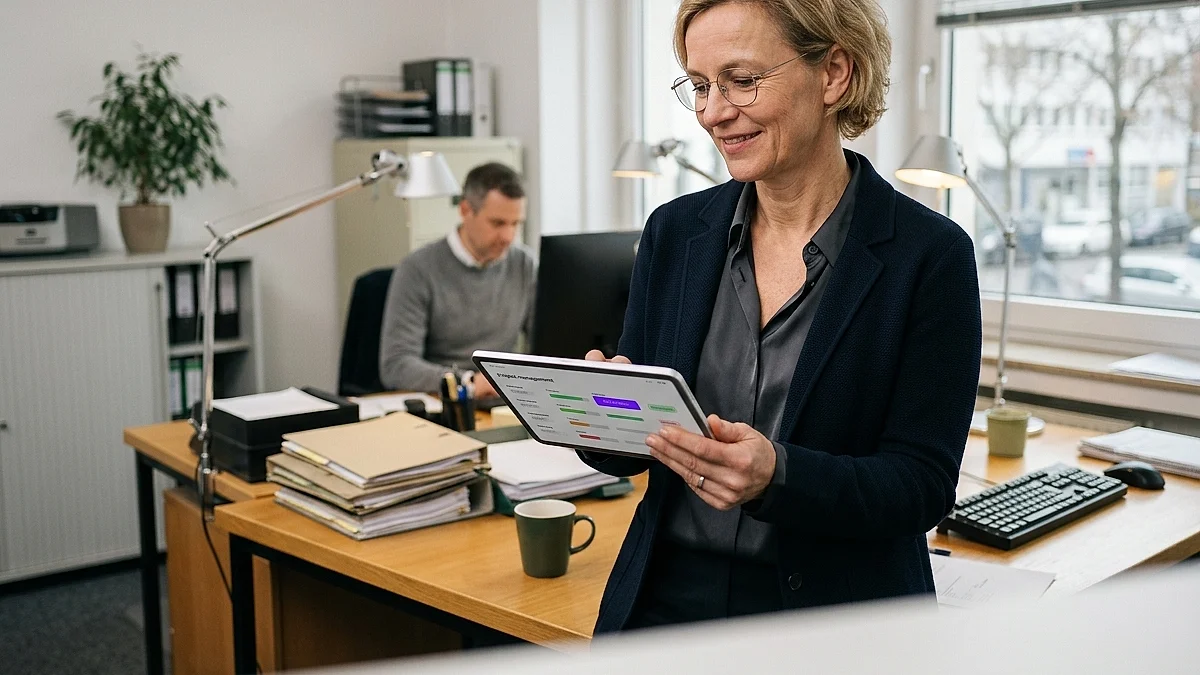 Geschäftsführerin prüft am Tablet ein automatisiertes Zeiterfassungs-Dashboard mit Team-Übersicht