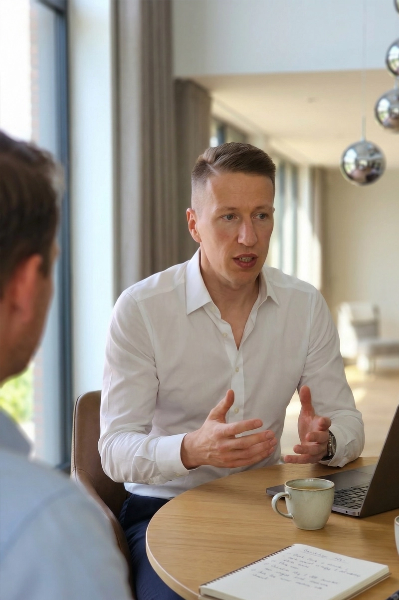 Jannis Gerlinger im Gespräch am Besprechungstisch
