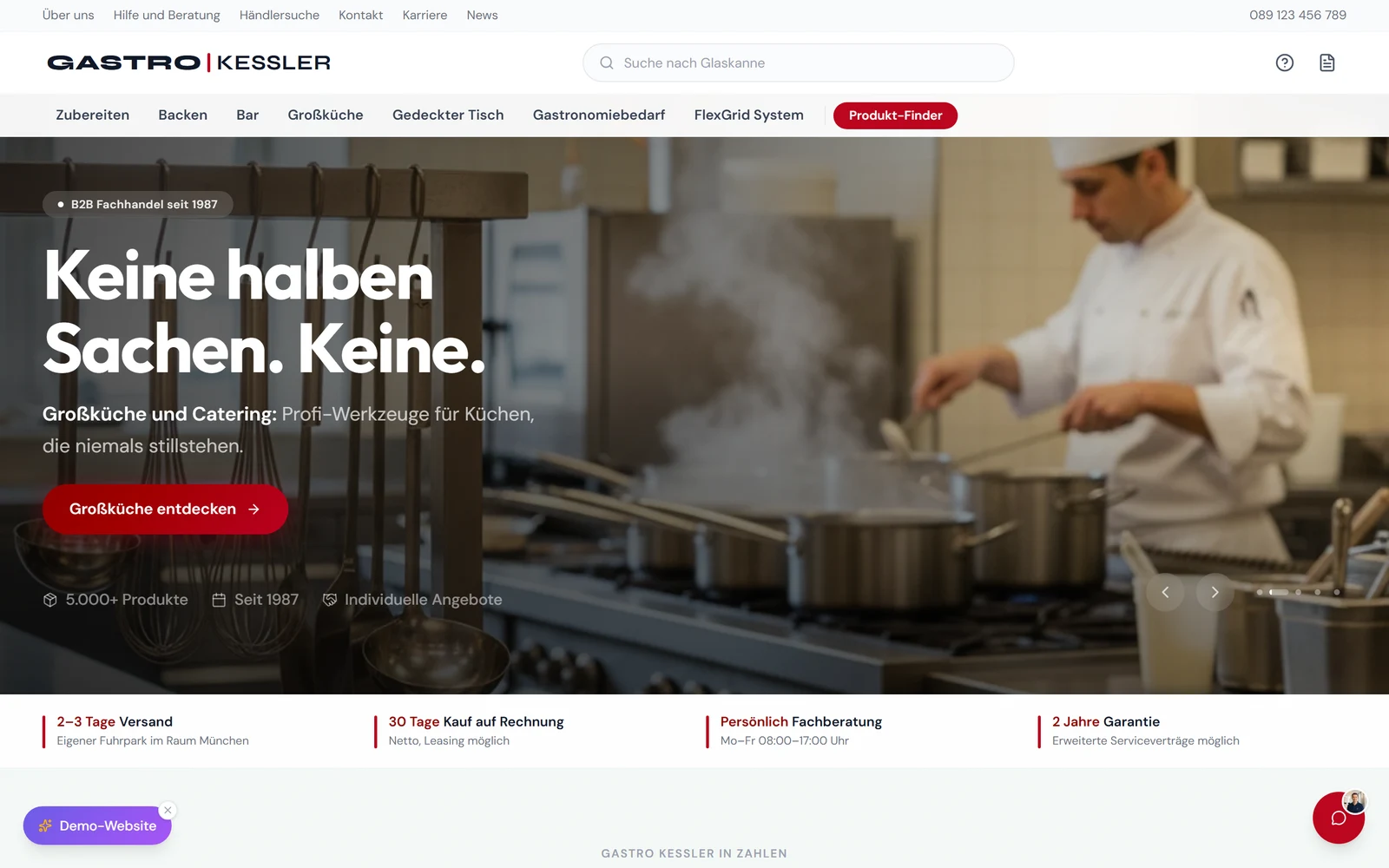 Website eines Gastro-Fachhandels mit Produktfinder und Vertrauensleiste unter dem Hero