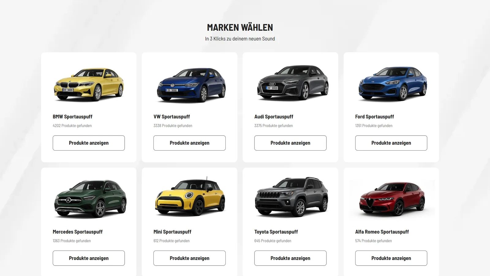 Markenauswahl in einem Autoteile-Shop: acht Fahrzeuge als Kacheln, unter jedem die Zahl der passenden Produkte