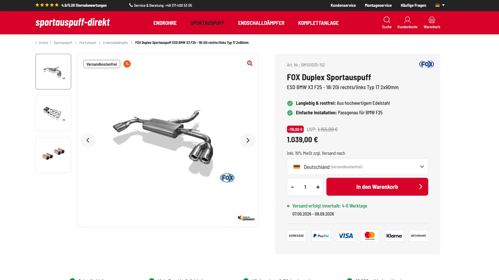 Produktseite eines Sportauspuffs: Bildergalerie, Artikelnummer, Preis mit Nachlass, Zahlarten und Lieferzeitraum