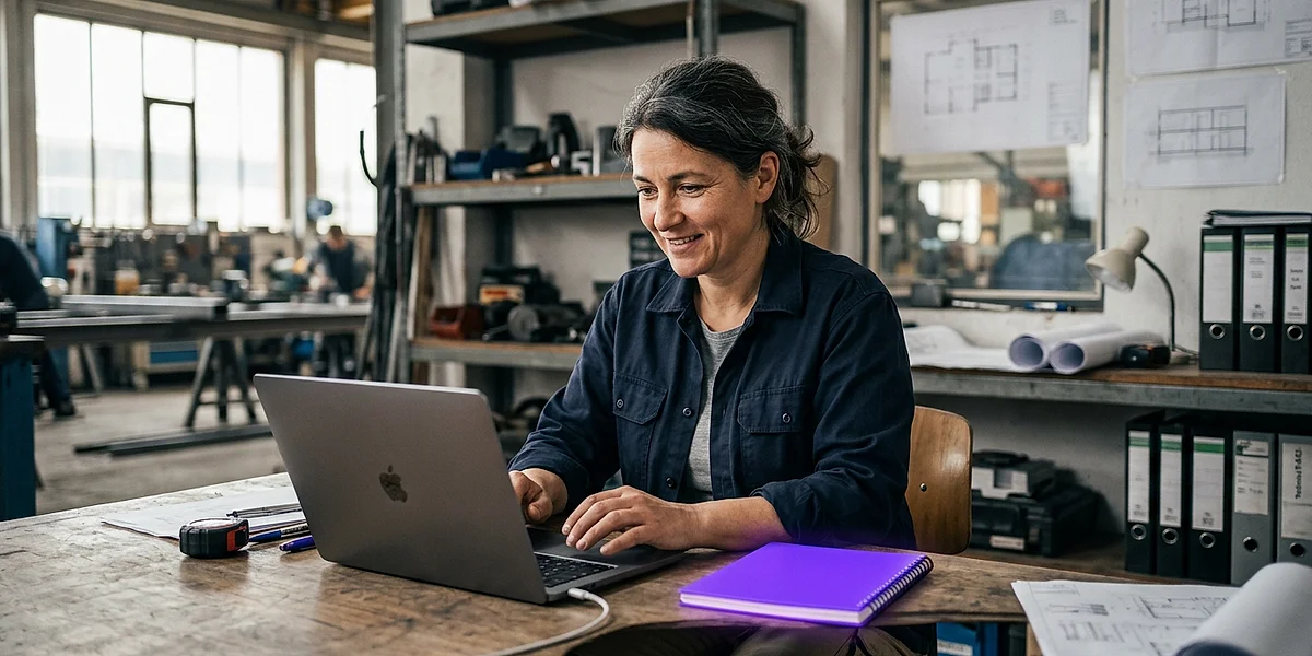 Handwerker nutzt MacBook Pro mit lokaler KI im Büro