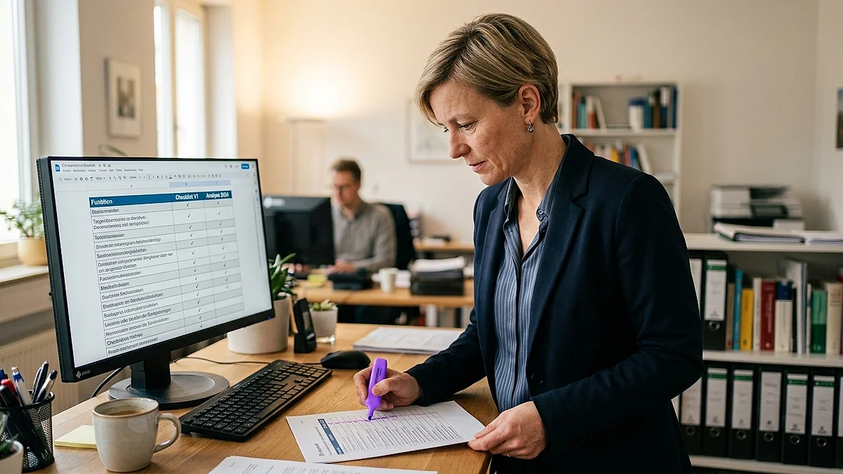 Mitarbeiterin vergleicht eine Checkliste mit einer Vergleichstabelle auf dem Monitor im Büro