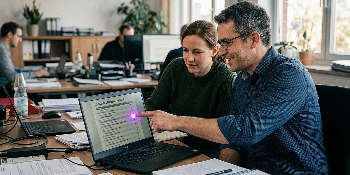 Zwei Kollegen prüfen Schulungsinhalte gemeinsam am Bildschirm