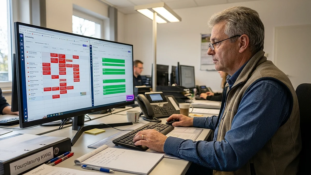 Disponent im Büro vergleicht am Bildschirm zwei Planungsansichten mit farbig markierten Terminvorschlägen