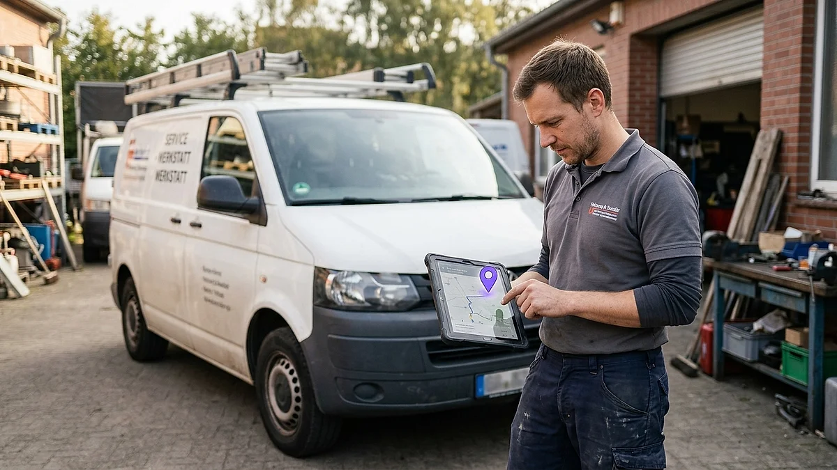 Handwerker prüft auf einem Tablet die KI-gestützte Einsatzplanung für den nächsten Termin