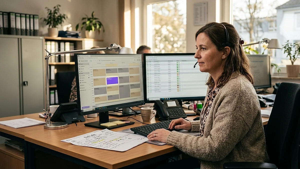 Disponentin plant im Büro Techniker-Einsätze auf einem Bildschirm mit KI-gestützten Routenvorschlägen