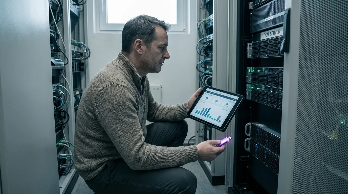 Cloud-KI vs. lokale KI im Datenschutz-Vergleich: Datencenter neben lokalem Server